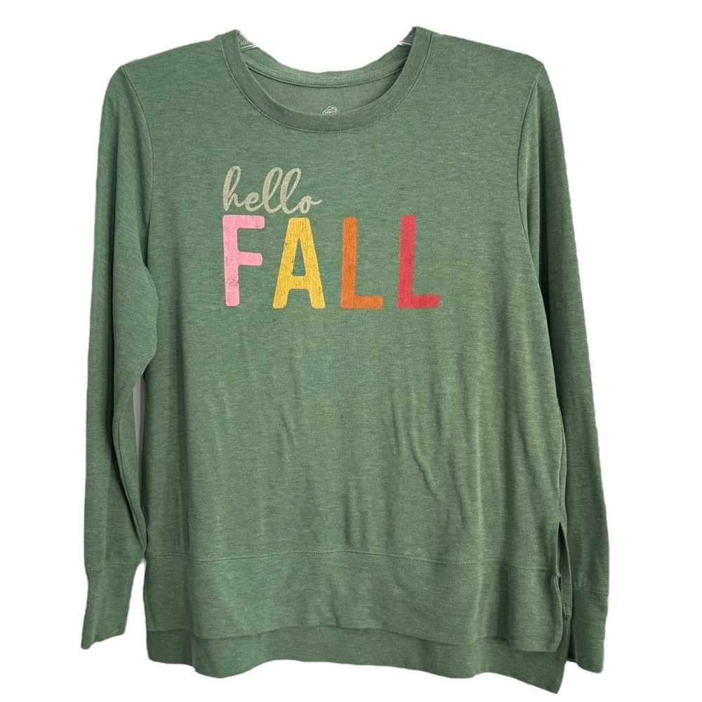Positivi Tee Size Large “Hello Fall” Green Heather Hacci Long Sleeve Pullover